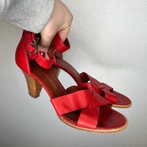 Marc by Marc Jacobs Red Leather Ankle Strap Block Heel Sandals Women's Size 38.5